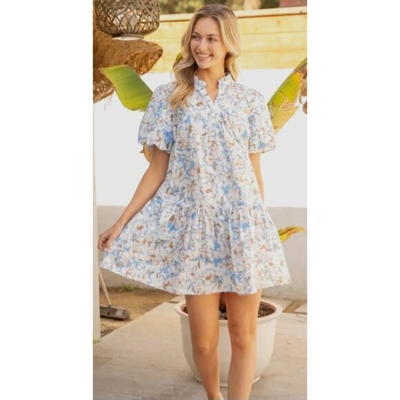 NWT Voy Blue/Brown Floral Escape Bubble Sleeve Tiered Dress~SMALL - Picture 4 of 8